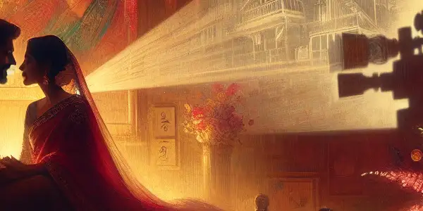 A romantic bedroom scene with a couple sharing tender glances, illuminated by warm lighting and cultural elements.