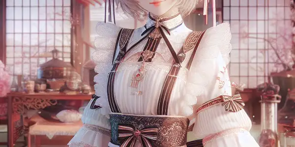 An alluring Asian-themed maid in an elegant uniform, set in a beautifully decorated traditional Japanese room.