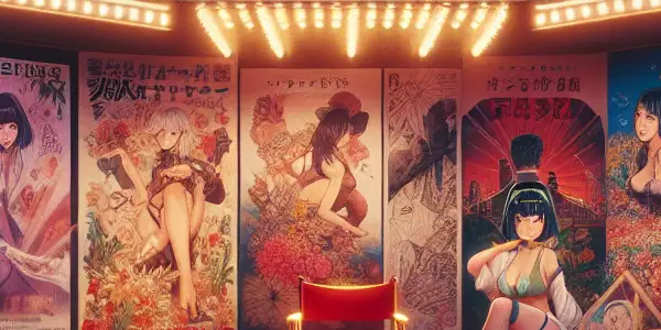 A vibrant film set showcasing Western erotic and Japanese AV cinema, complete with neon lights and artistic posters.