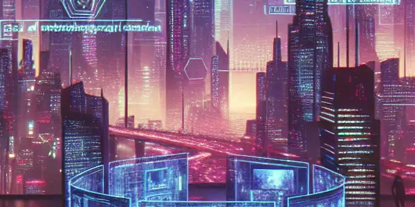 Futuristic cityscape with users engaging with holographic screens displaying abstract adult content in a vibrant, secretive atmosphere.
