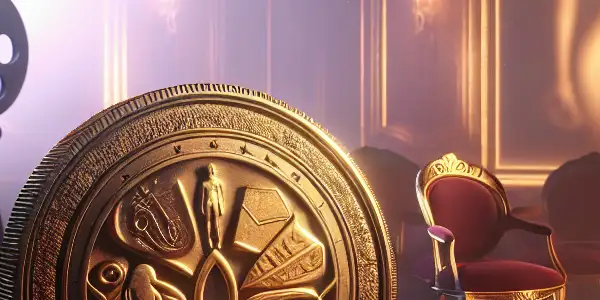 A luxurious adult lounge featuring a glowing golden coin, abstract film icons, and an intimate, mysterious atmosphere.