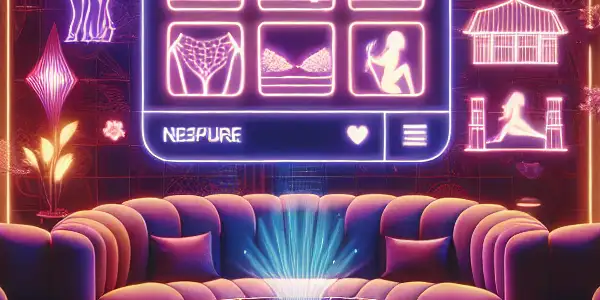 A luxurious digital environment featuring a holographic adult website interface with playful, suggestive elements and intimate decor.