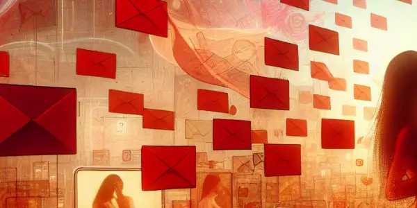A vibrant digital scene featuring glowing red envelopes and abstract silhouettes hinting at adult entertainment themes.