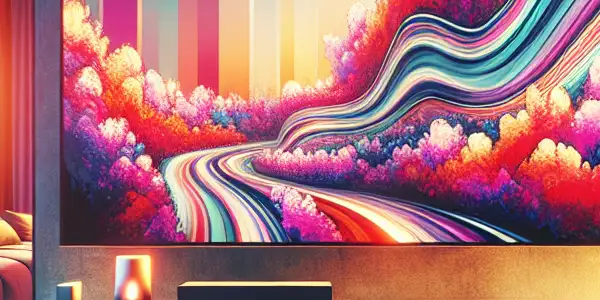 A cozy home setting with a high-definition TV displaying colorful movie scenes, emphasizing relaxation and intimacy.