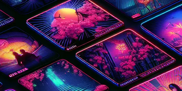 A sleek digital interface showcasing vibrant thumbnails of Japanese adult films with neon accents and premium quality features.