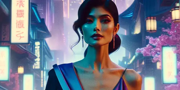 A charismatic actress in stylish attire amidst a vibrant, neon-lit Tokyo street filled with people and cherry blossoms.