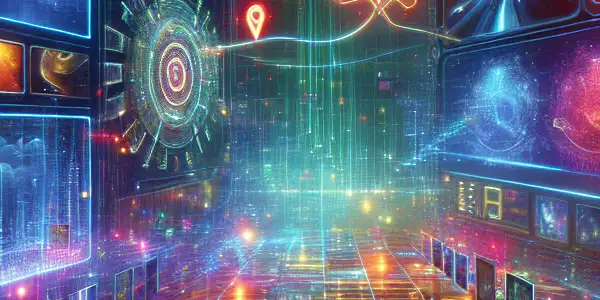 A vibrant, futuristic online adult entertainment hub with colorful thumbnails, neon lights, and privacy icons.