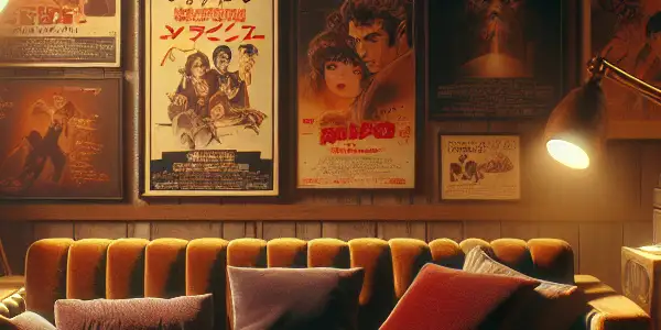 A cozy retro viewing room filled with vintage decor, featuring a plush couch, framed film posters, and a flickering projector.