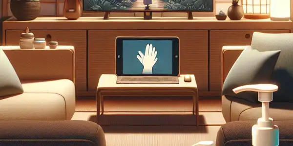 Cozy viewing space promoting personal hygiene and safety while watching Japanese adult films, featuring hygiene products and cultural elements.