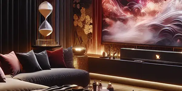 A dimly lit room with plush furnishings, a large screen, and elements of Japanese culture, evoking intimacy and allure.