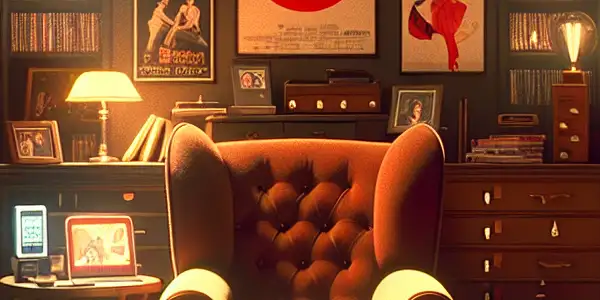 A cozy, dimly lit room filled with shelves of adult film DVDs and a plush armchair, symbolizing privacy and collection.