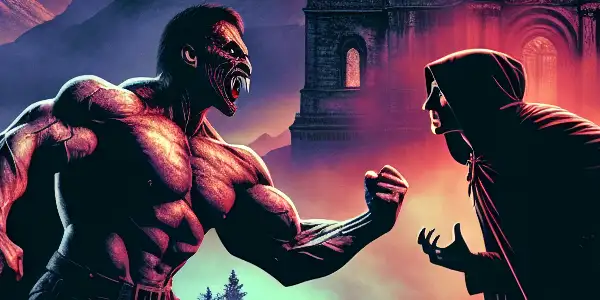 A dramatic confrontation between Van Helsing and Dracula at a gothic castle under a full moon.