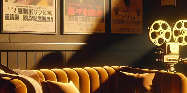 A cozy, dimly-lit room with vintage film posters, a plush sofa, and characters enjoying a movie night.