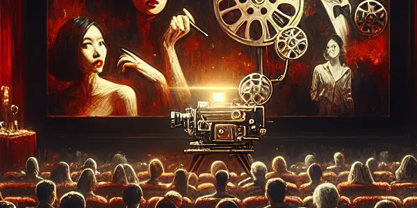 A sophisticated film set featuring elegantly dressed individuals captivated by a classic erotic film, surrounded by rich colors and vintage decor.