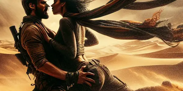 Two adventurous characters entwined passionately in a chaotic desert sandstorm, surrounded by swirling sands and dark clouds.